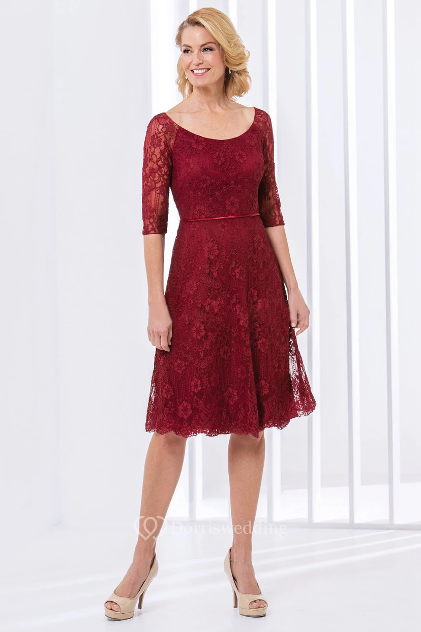 Half-Sleeved A-Line Knee-Length Lace Mother Of The Bride Dress With Scoop Neck