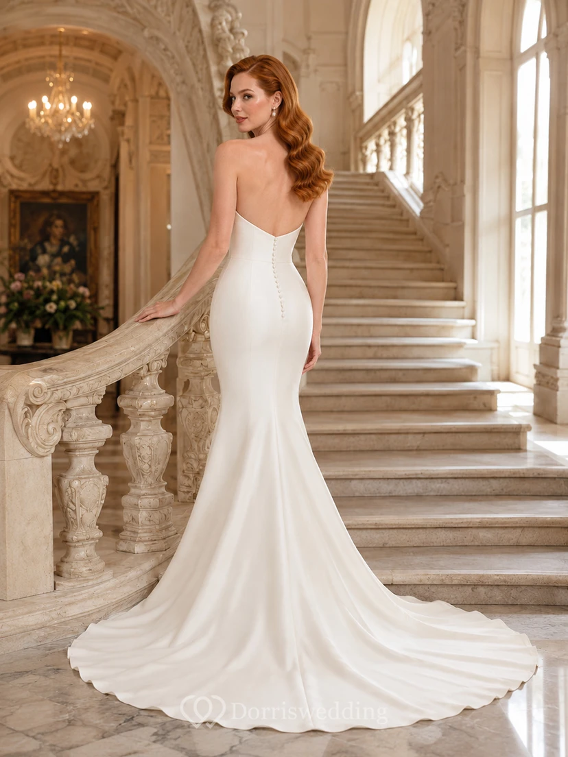 Robe de mariée sirène en satin, bustier, longue jusqu'au sol, dos nu plongeant. view 2