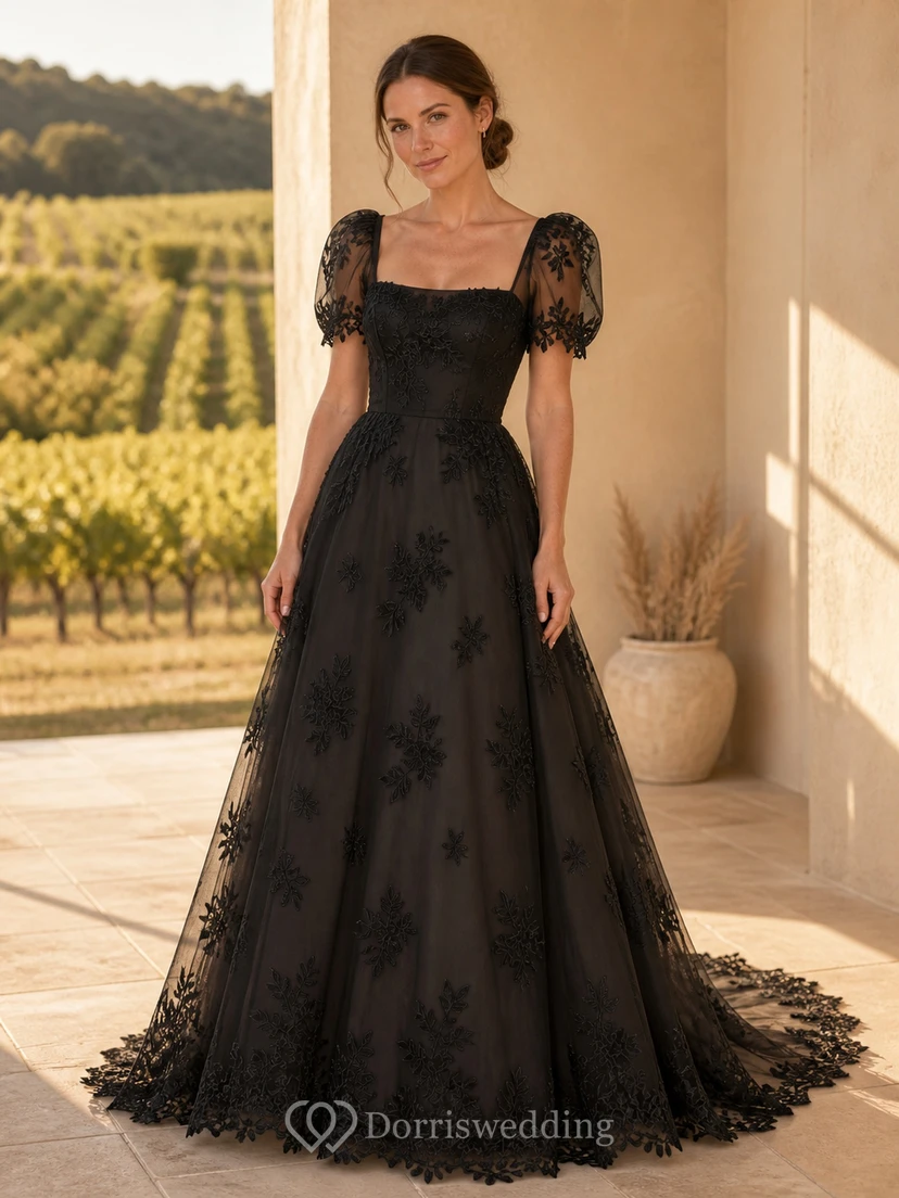 Black Romantic Puff Applique A-Line Square Neck Short Sleeve Floor-length Evening Dress