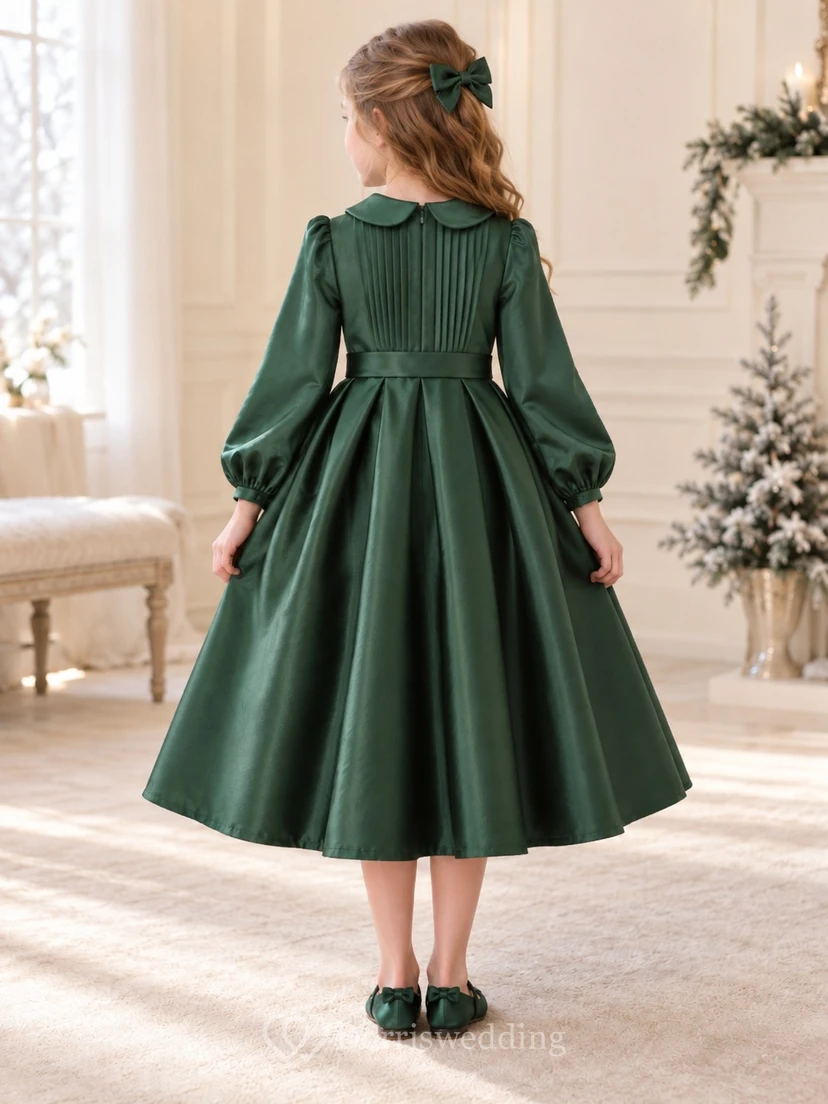 Forest Green Satin Button Bodice Bishop Sleeve Tea-length Flower Girl Dress view 2