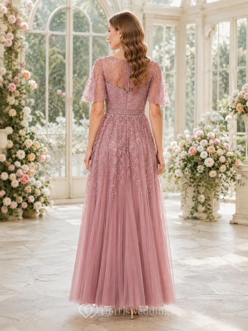 Dusty Rose Flutter Sleeve Bateau Beaded Tulle A-Line Floor-Length Romantic Elegant Mother Dress view 2