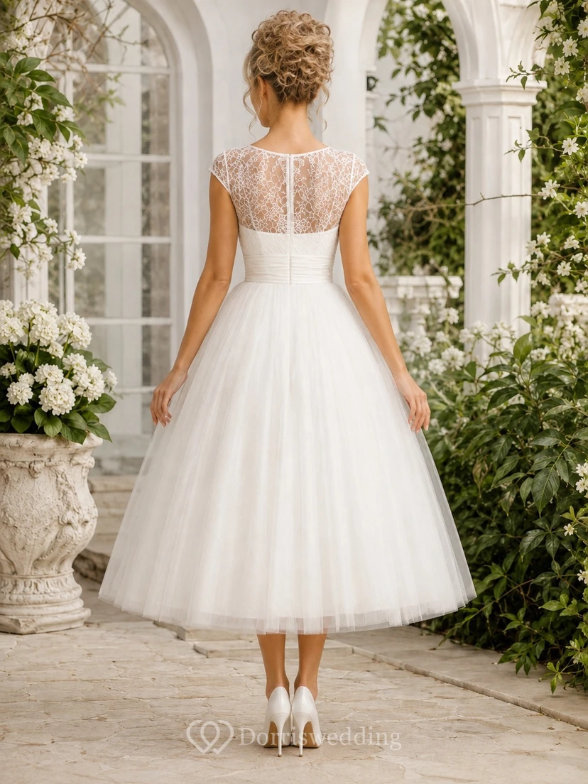 White Lace Short Sleeve Sweetheart Tulle Tea-Length A-Line Dress view 2