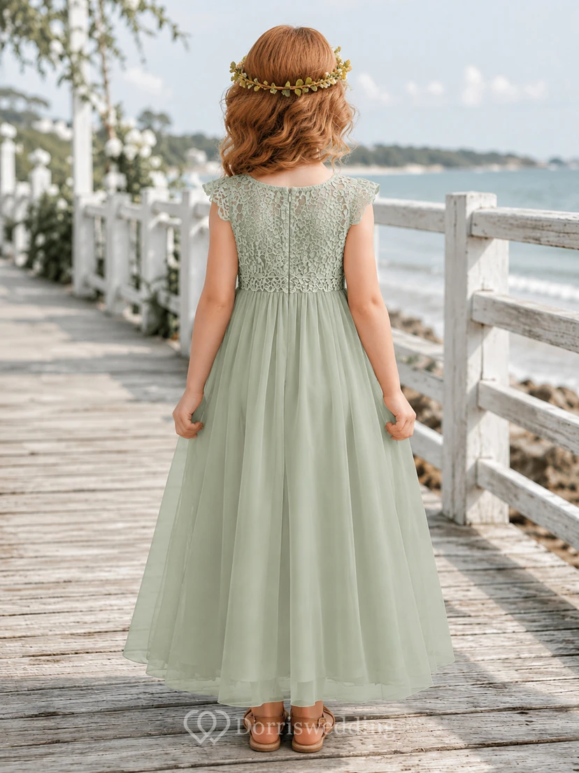 Blumenmädchenkleid aus salbeigrünem Chiffon, A-Linie, V-Ausschnitt, bodenlang, mit Schärpendetails view 2