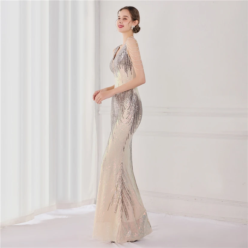 Vestido largo de lentejuelas con cola de pez, ideal para eventos, banquetes, eventos de celebridades y eventos de moda. Vestido de noche con etiqueta para modelos de automóviles. view 38