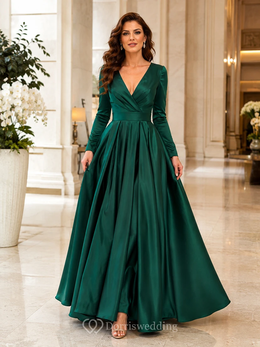 Dark Green V-Neck Long-Sleeve Sashed Satin Luxury Ball Formal Gown