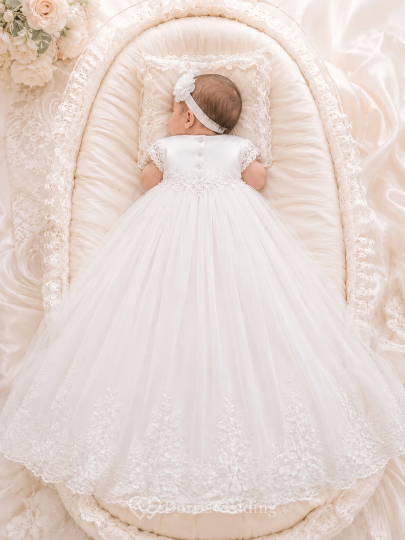 Cap Sleeve Christening Gown A-Line Tulle Lace Jewel Neck Embroidered Hem view 2