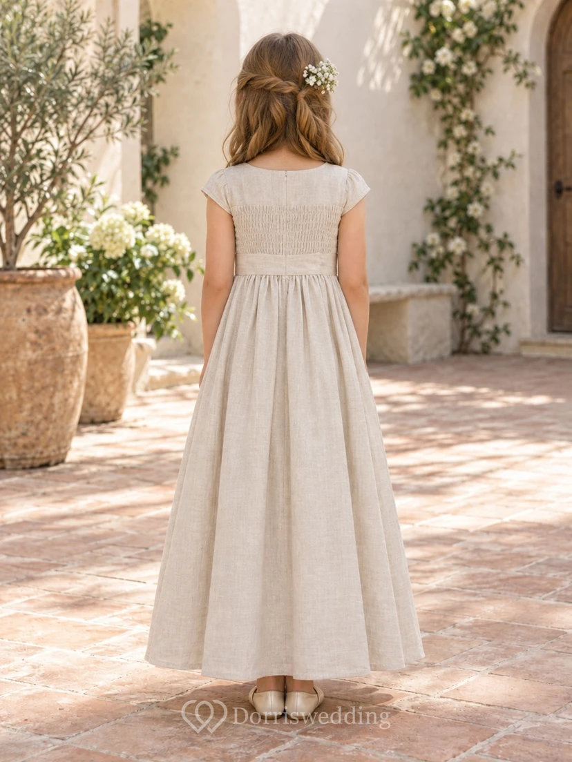 Simple Country Cream Bateau Cap Sleeve Smocked Bow Linen Flower Girl Dress view 2