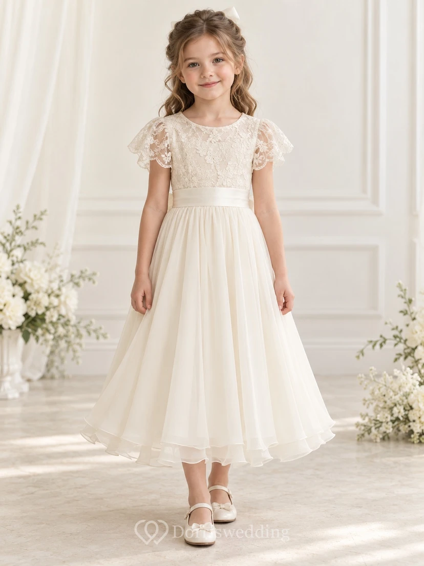 Vestido de niña de flores modesto, de corte A, color marfil, con estampado floral, mangas con volantes y lazo en la espalda.