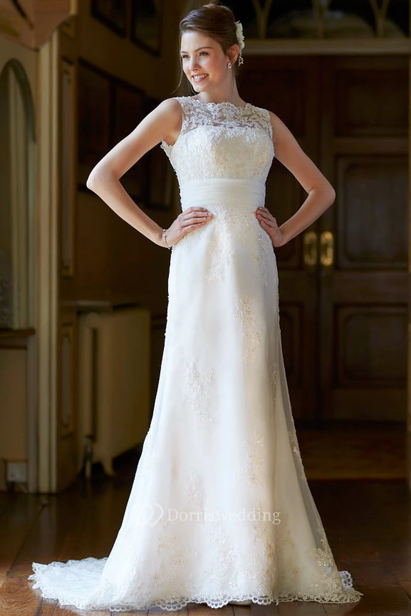 A-Line Bateau Appliqued Maxi Sleeveless Lace Wedding Dress With Low-V Back And Sweep Train