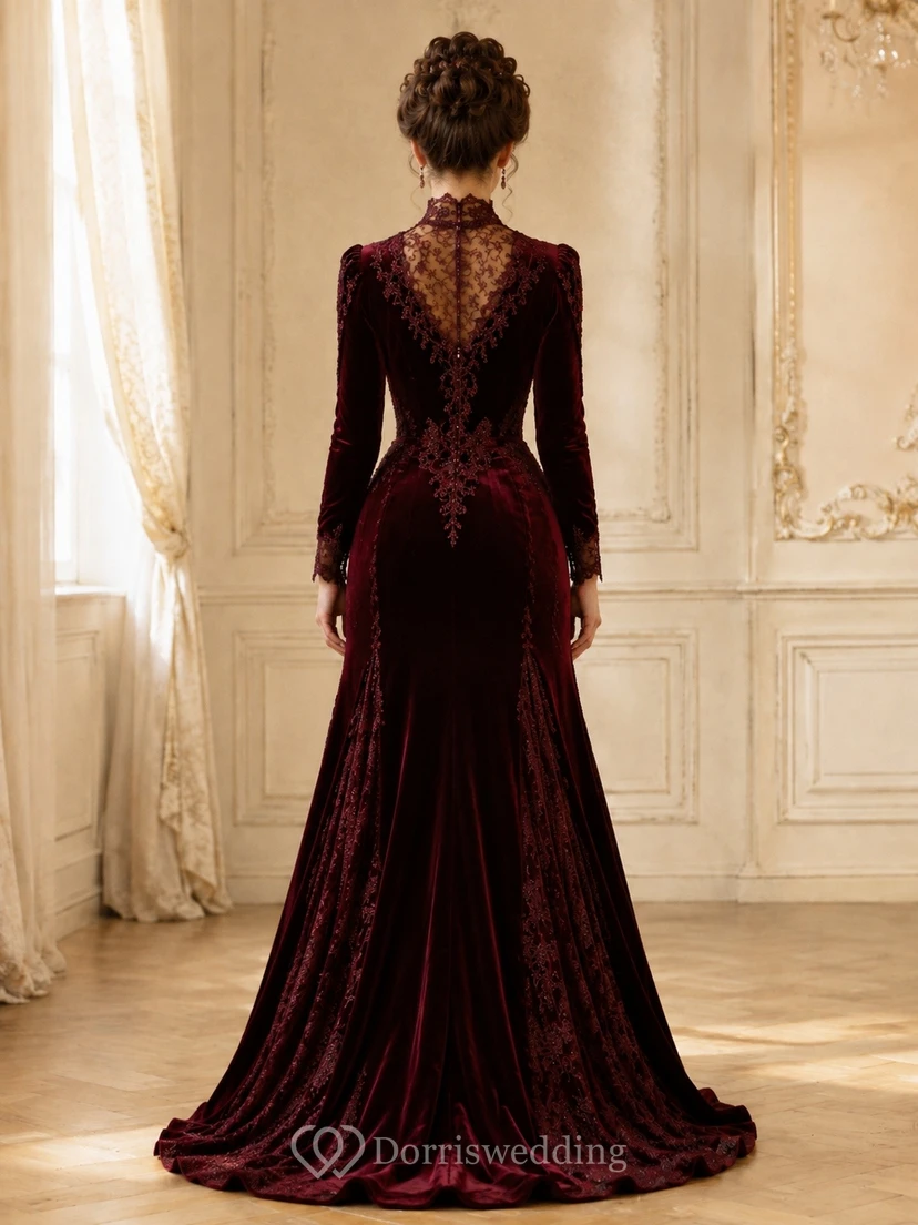 Edwardian Burgundy High-Neck Long Sleeve Velvet Tiered Formal Dress view 2