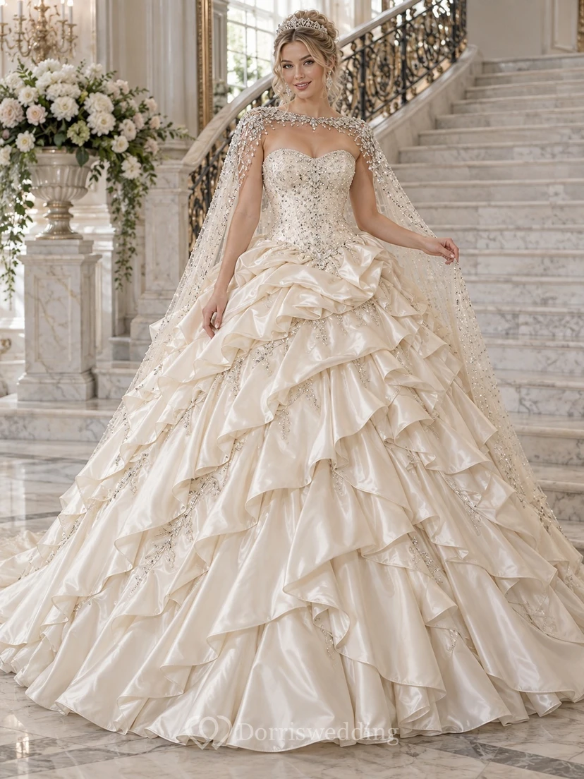 Trägerloses Brautkleid im Ballkleid-Stil mit Herzausschnitt, perlenbesetztem Schultercape und skulpturalen Satinkaskaden
