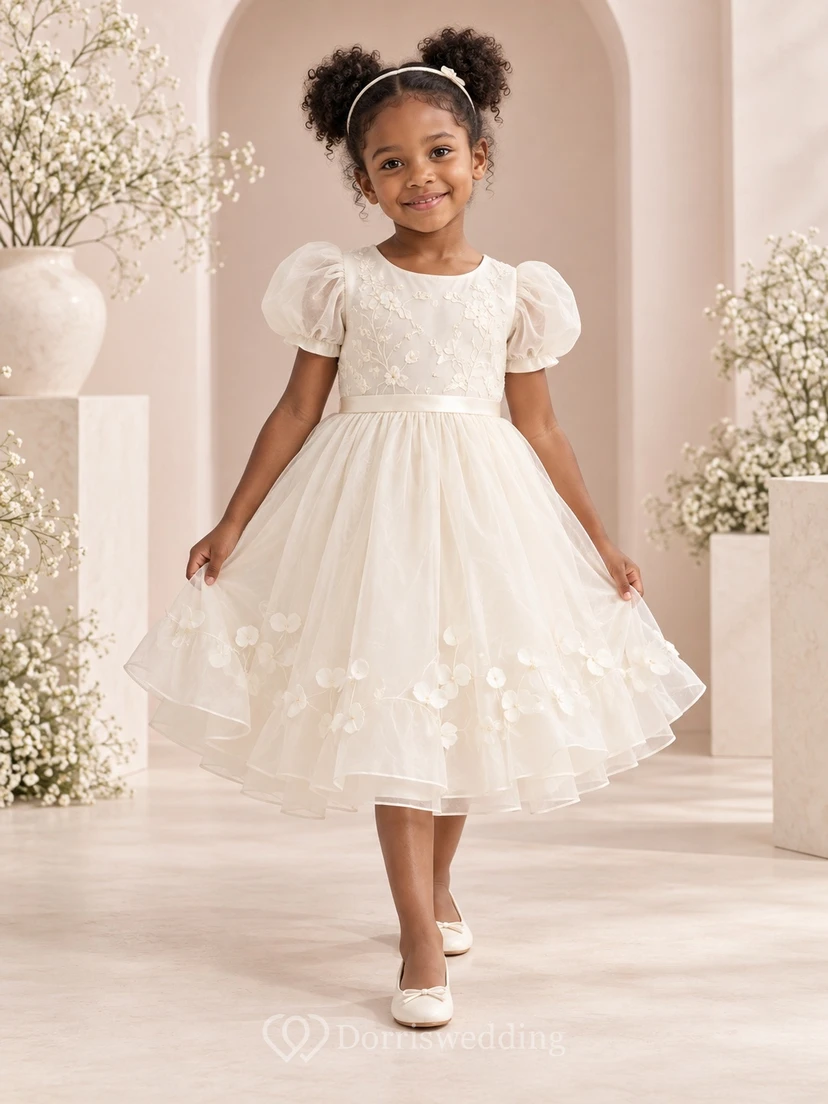 Tea-length Ivory A-line Floral Tulle Puff-sleeve Tiered Bow-back Flower Girl Dress