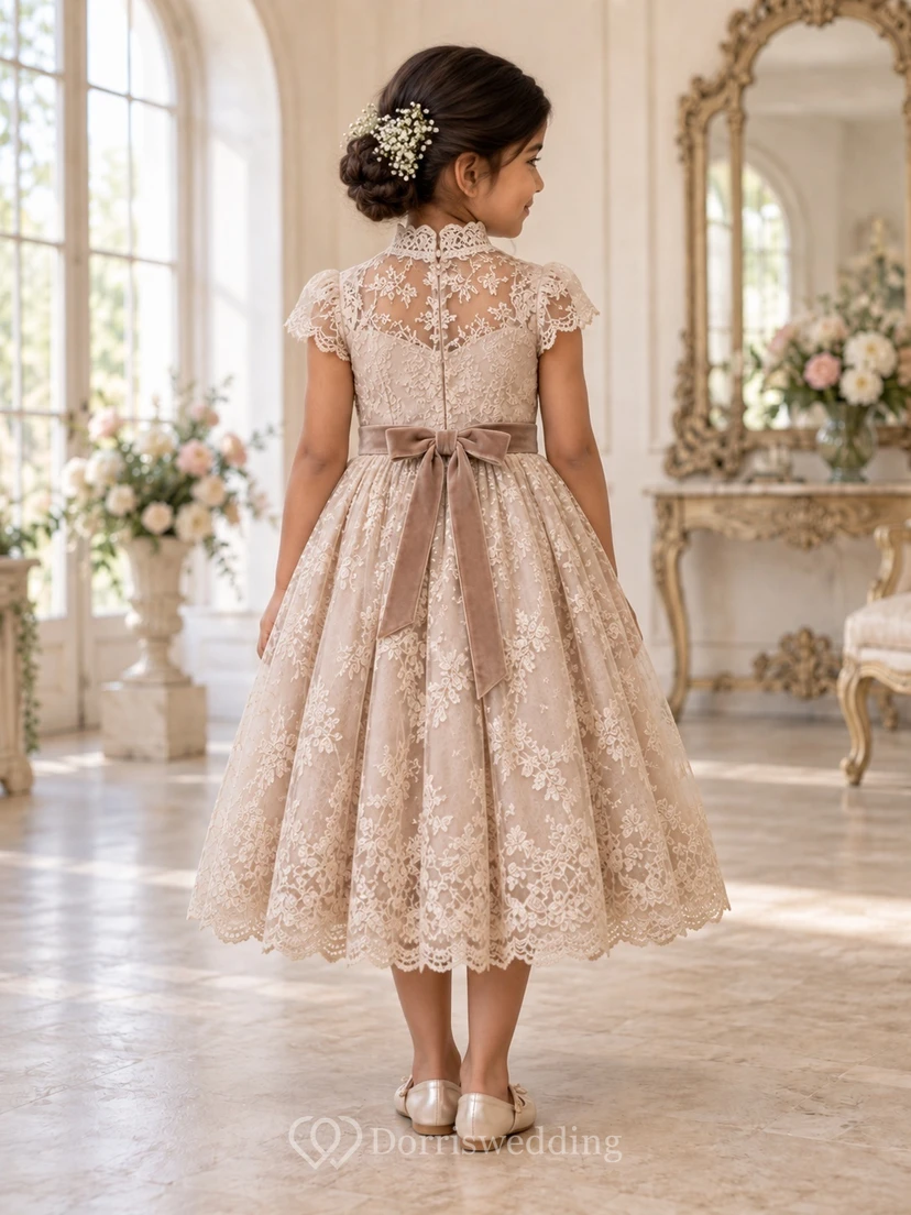 Tea-length High Neck Champagne Floral A-Line Lace Cap-Sleeve Bow-Back Flowergirl Dress view 2