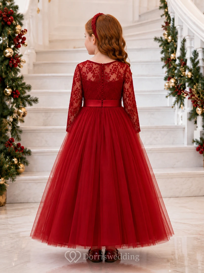 Red Jewel Neck Lace Long Sleeve Tulle Tea-Length Romantic Winter Flower Girl Dress view 2
