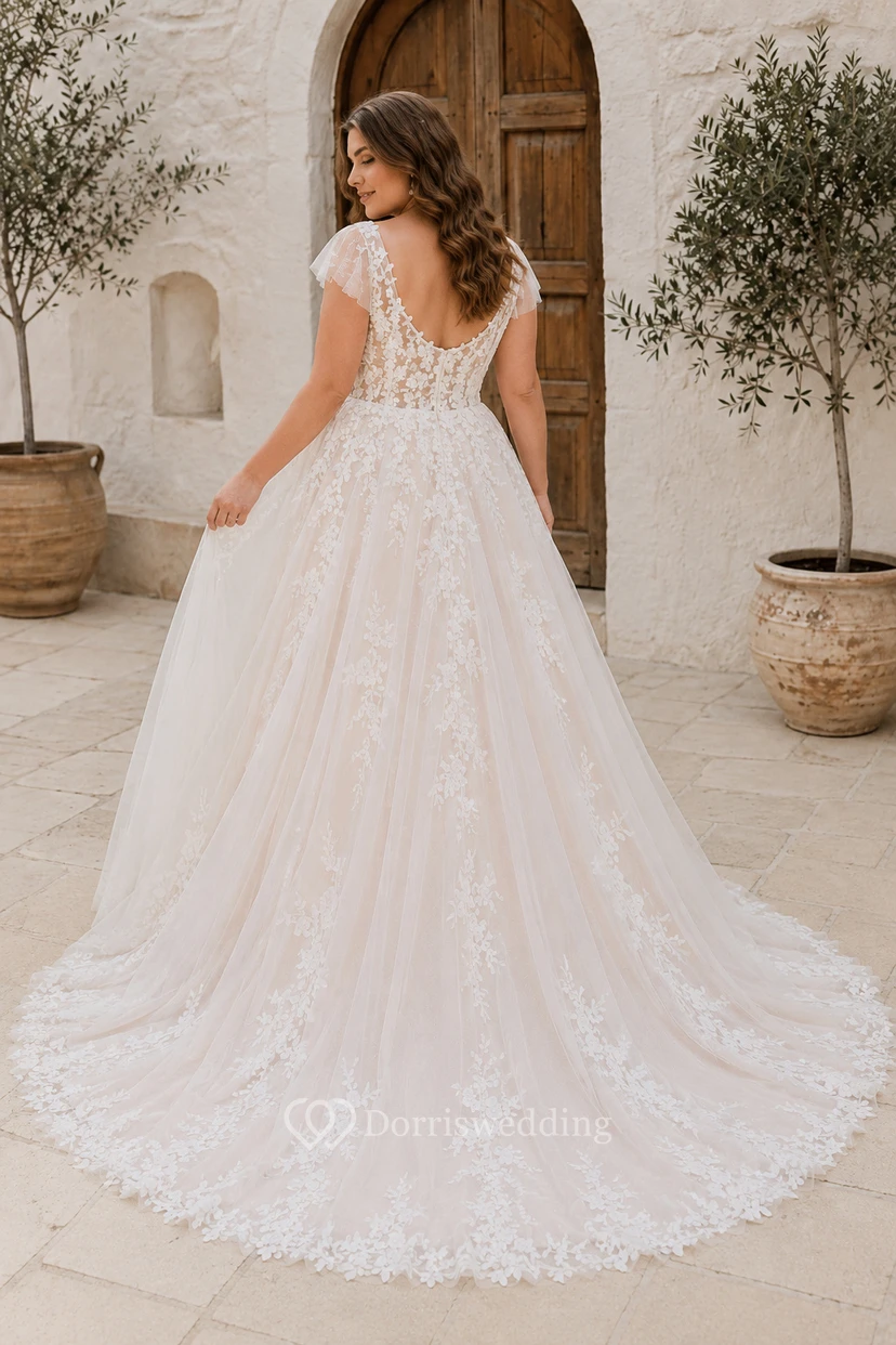 Plus Size Cap Sleeve Lace A-Line Wedding Dress with Full Tulle Skirt view 2