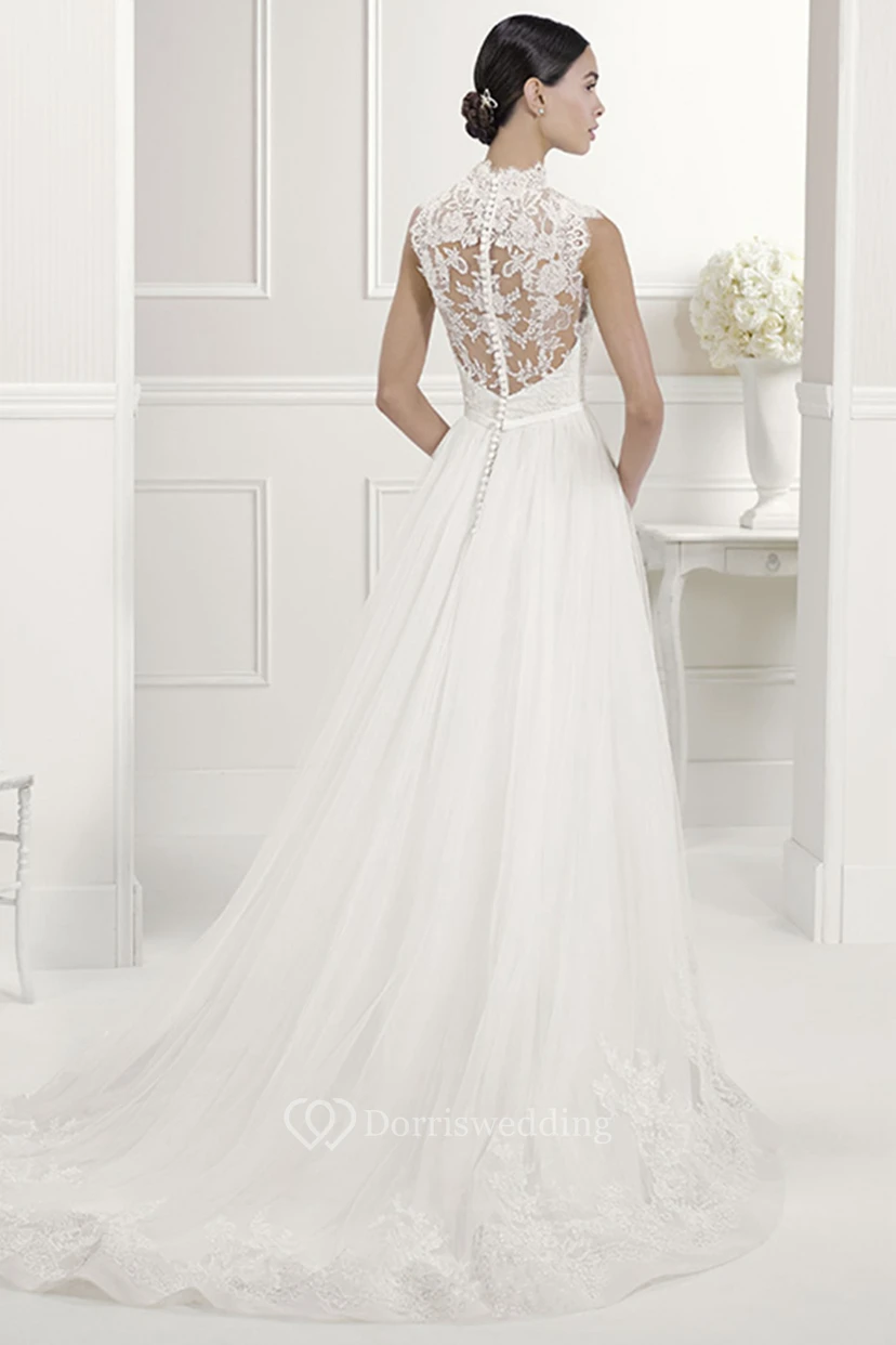 Lace High Neck A-Line Pleated Tulle Bridal Gown With Bow view 2