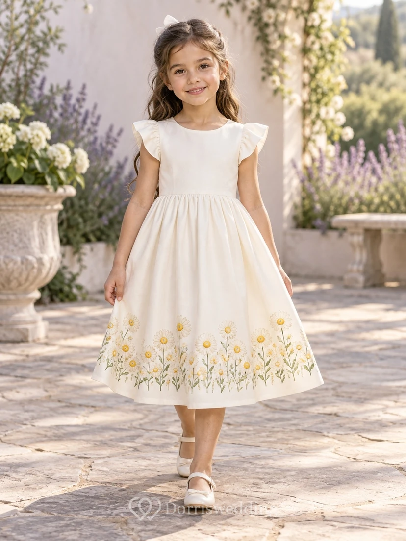 Simple Modest Ivory Tea-length Jewel Angular Flutter Sleeves Clustered Daisy-Print Gathered A-line Flowergirl Dress