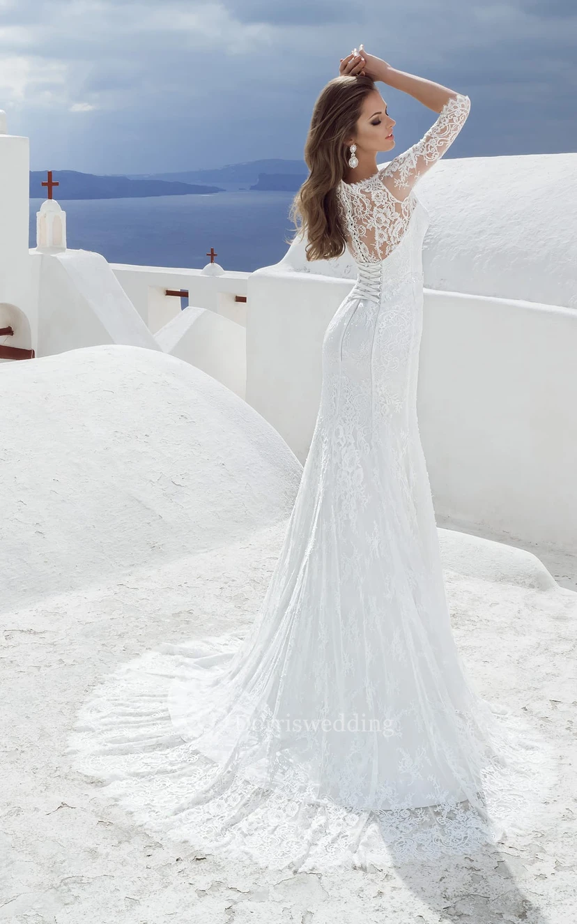 Bateau Neck 3-4 Length Sleeve Sheath Lace Elegant Wedding Dress With Beading view 3
