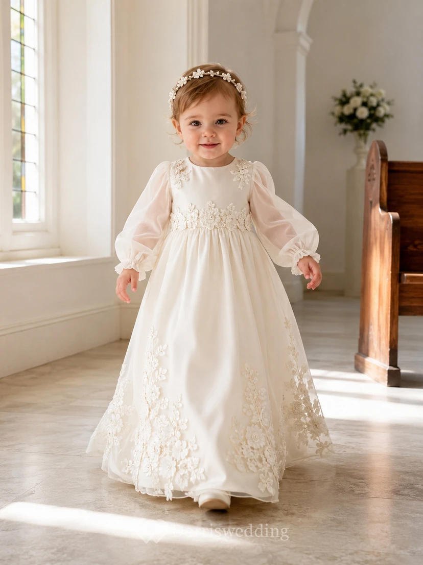 Floral Applique Baptism Gown A-Line Tulle Lace Long Sleeve Side Applique