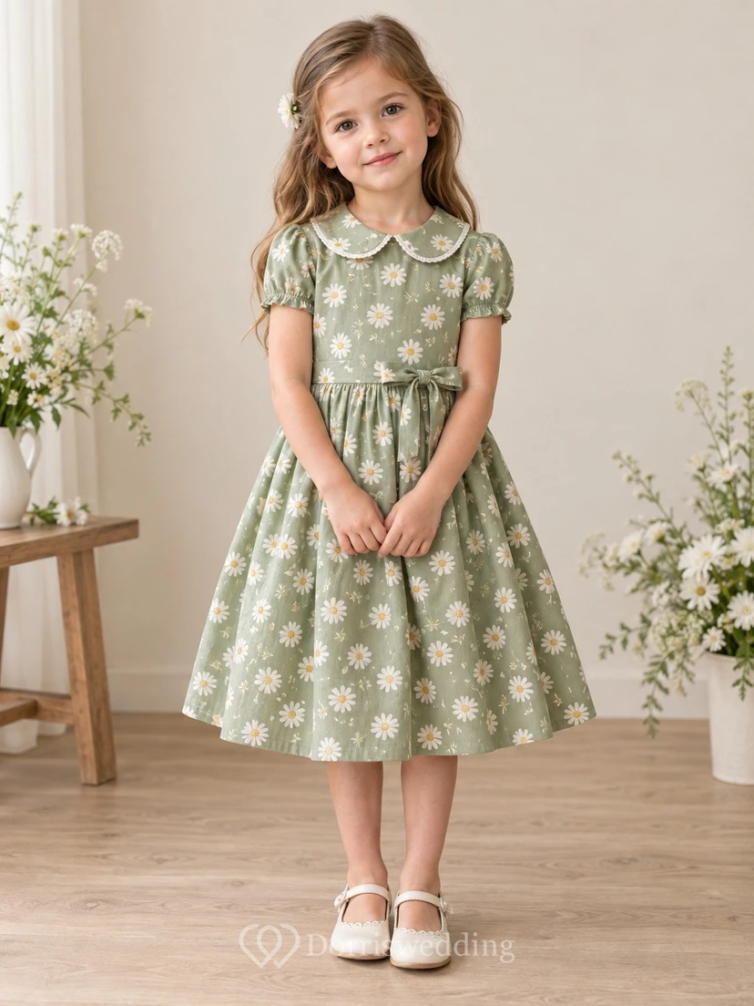 Vintage Tea-length Sage Floral Collared Puff Sleeve Bow Cotton Flower Girl Dress