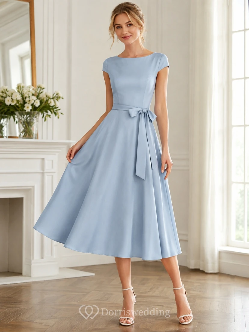 Sky Blue Floral V-Neck Short Sleeve Chiffon A-Line Tea-Length Sash Dress view 2