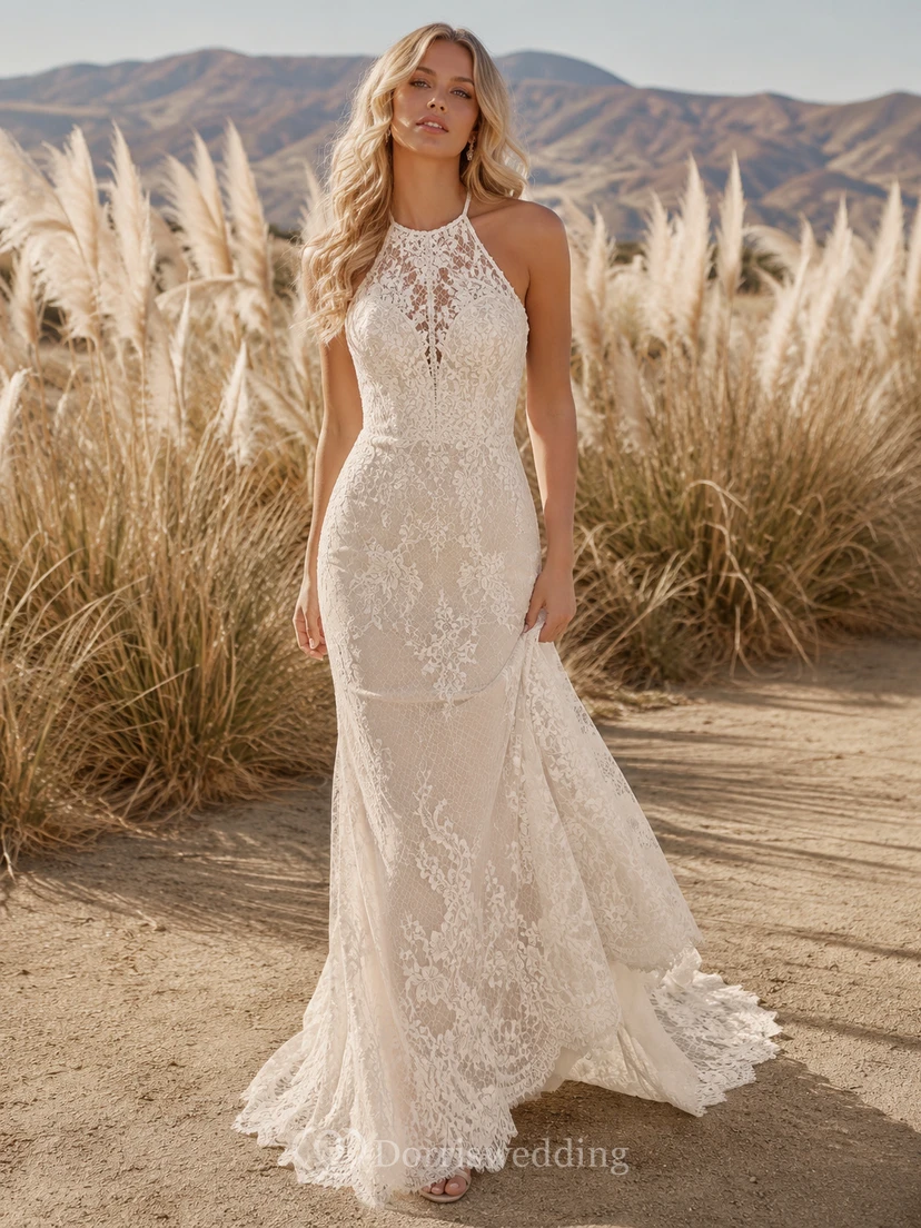 Robe de mariée bohème en dentelle, longue et sans manches, style sirène, inspirée du désert