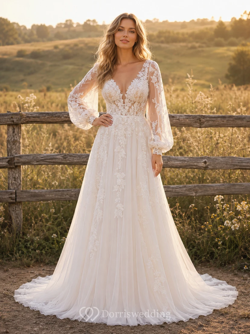 Vestido de novia de tul y encaje campestre, corte en A, hombros descubiertos, manga corta, cola de capilla, espalda baja en V.