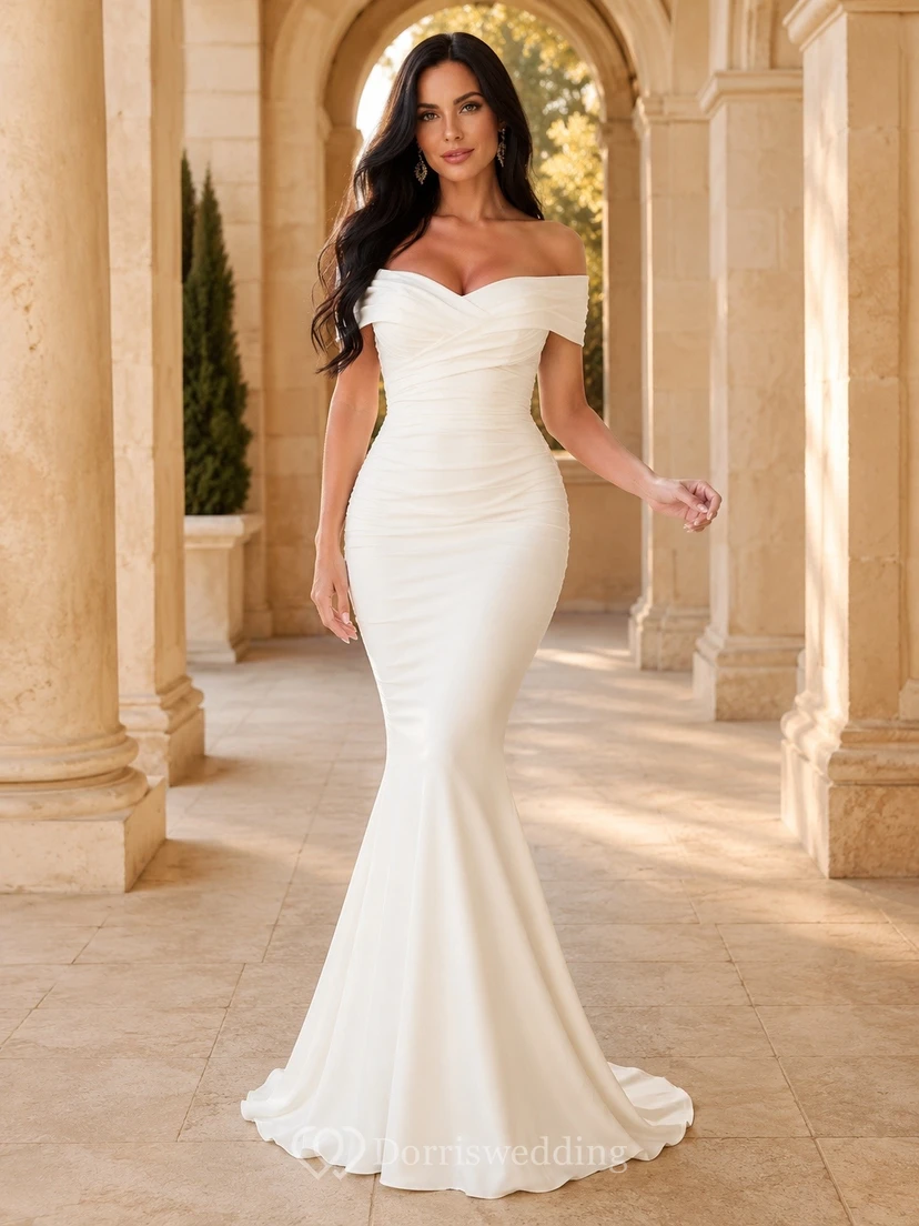 Bridal Satin Off-the-Shoulder Sleeveless Mermaid Elegant Wedding Gown