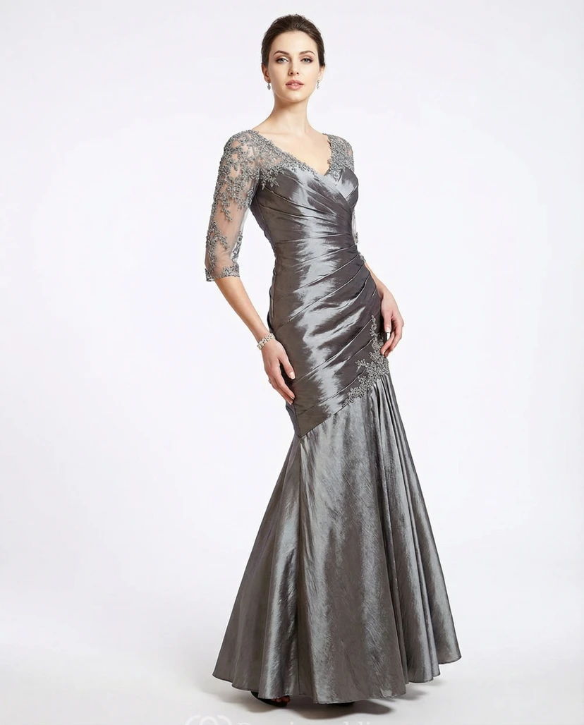 Charcoal Metallic Mermaid Evening Dress with Ruched Bodice and 3/4 Lace Sleeves