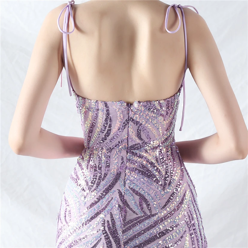 Vestido de noche con tirantes, top tipo tubo y lentejuelas apiladas encriptadas, con método de doble atado de cuerda. view 7
