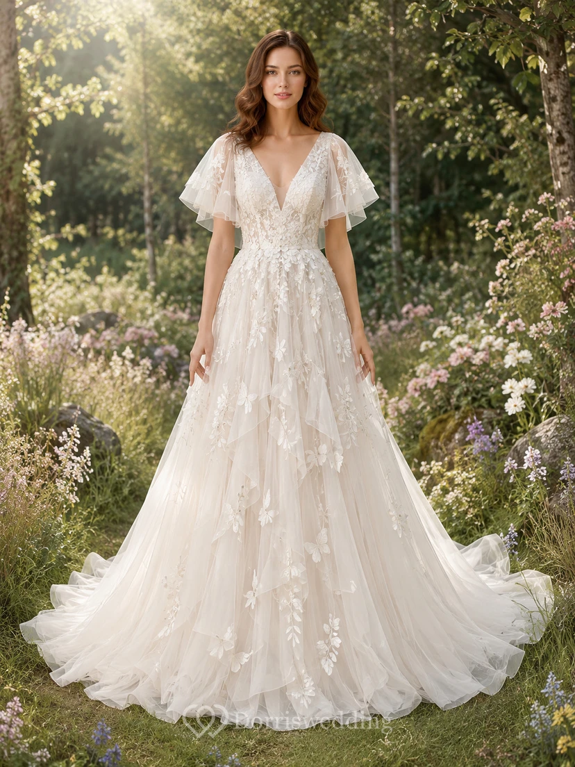 Vestido de novia de corte A con escote pronunciado y mangas acampanadas de la colección Jardín Encantado