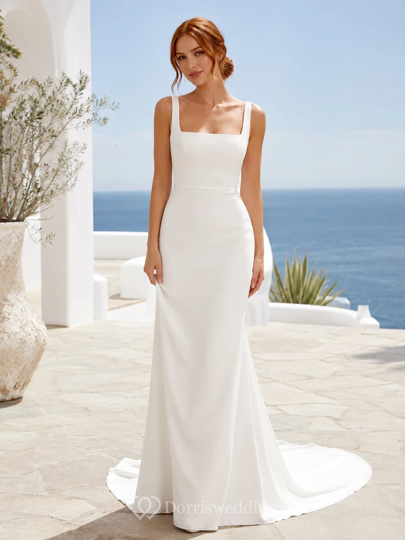 Strandhochzeitskleid aus Satin, Etuikleid, eckiger Ausschnitt, ärmellos, bodenlang, tiefer V-Ausschnitt am Rücken