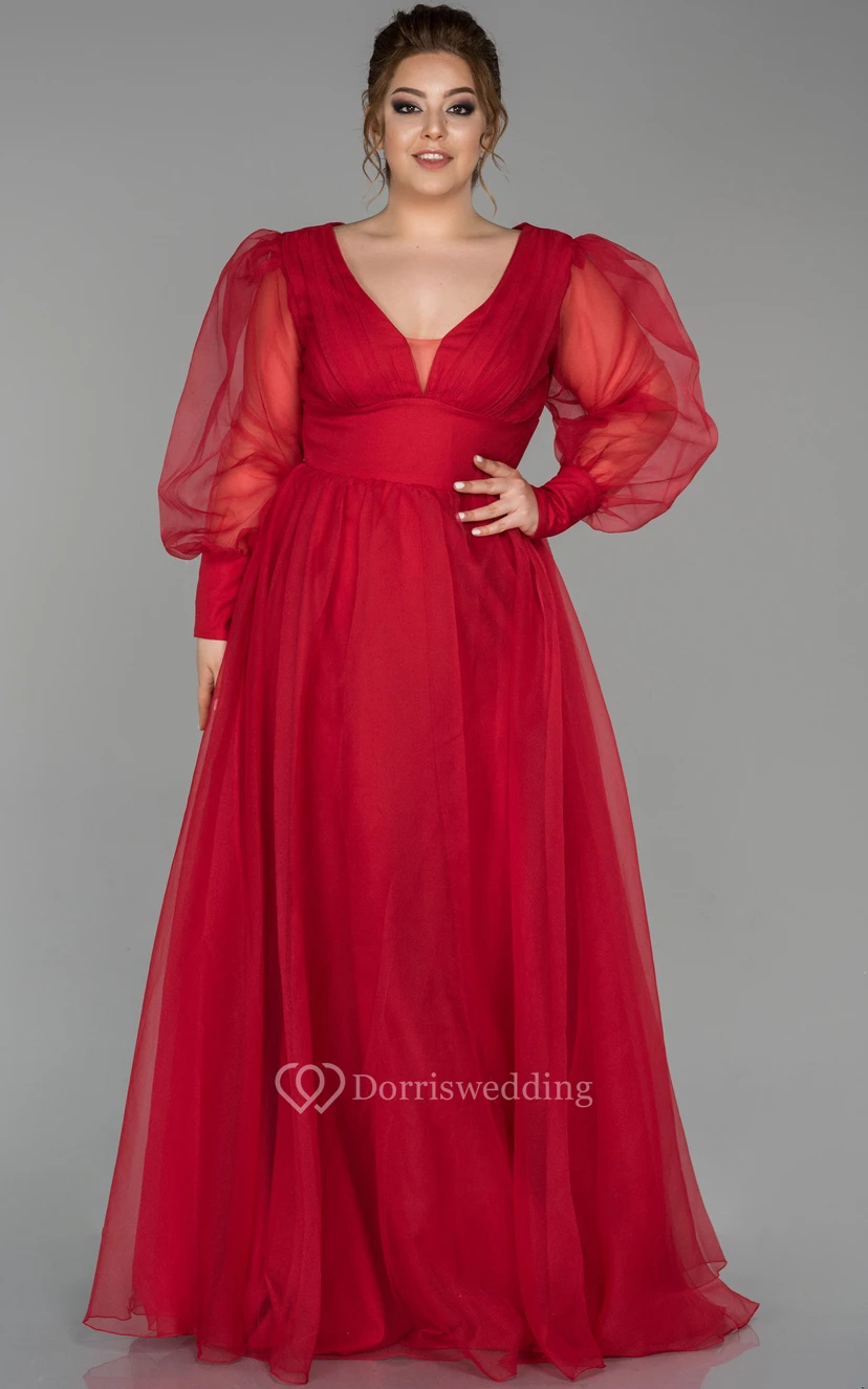 V-neck Puff-sleeve Pleated Empire A-line Evening Plus Size Dress with V Back view 6