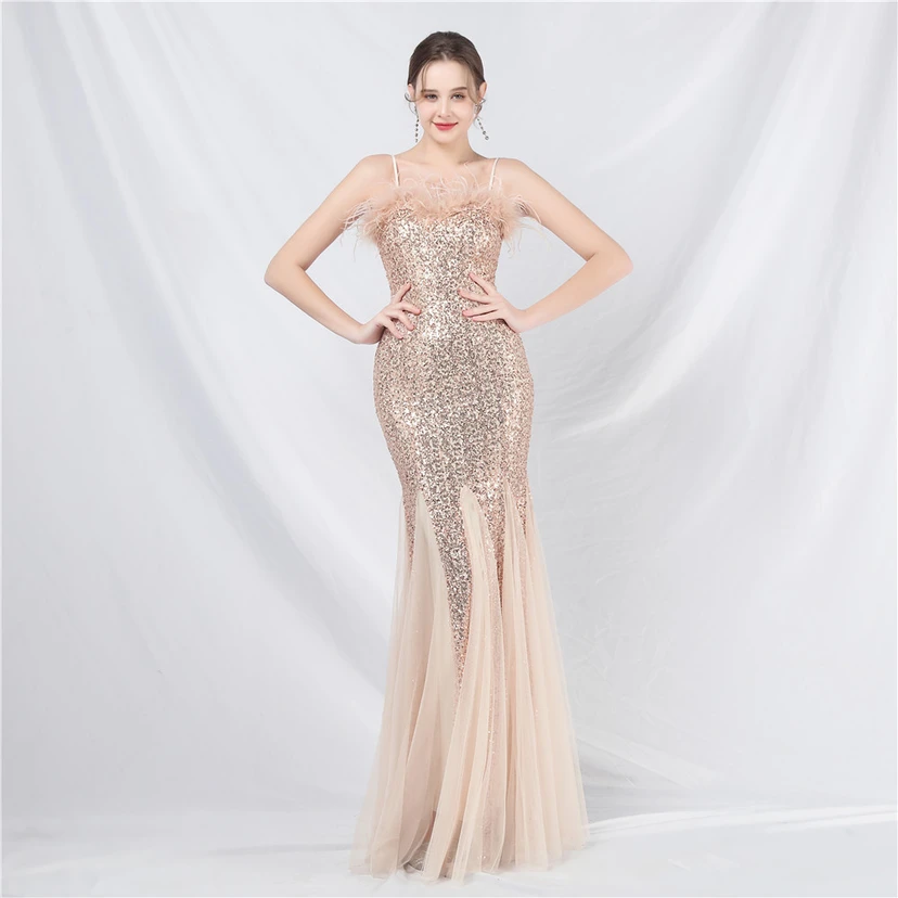 Craft Ostrich Feather Mesh Sequined Long Evening Dress view 46