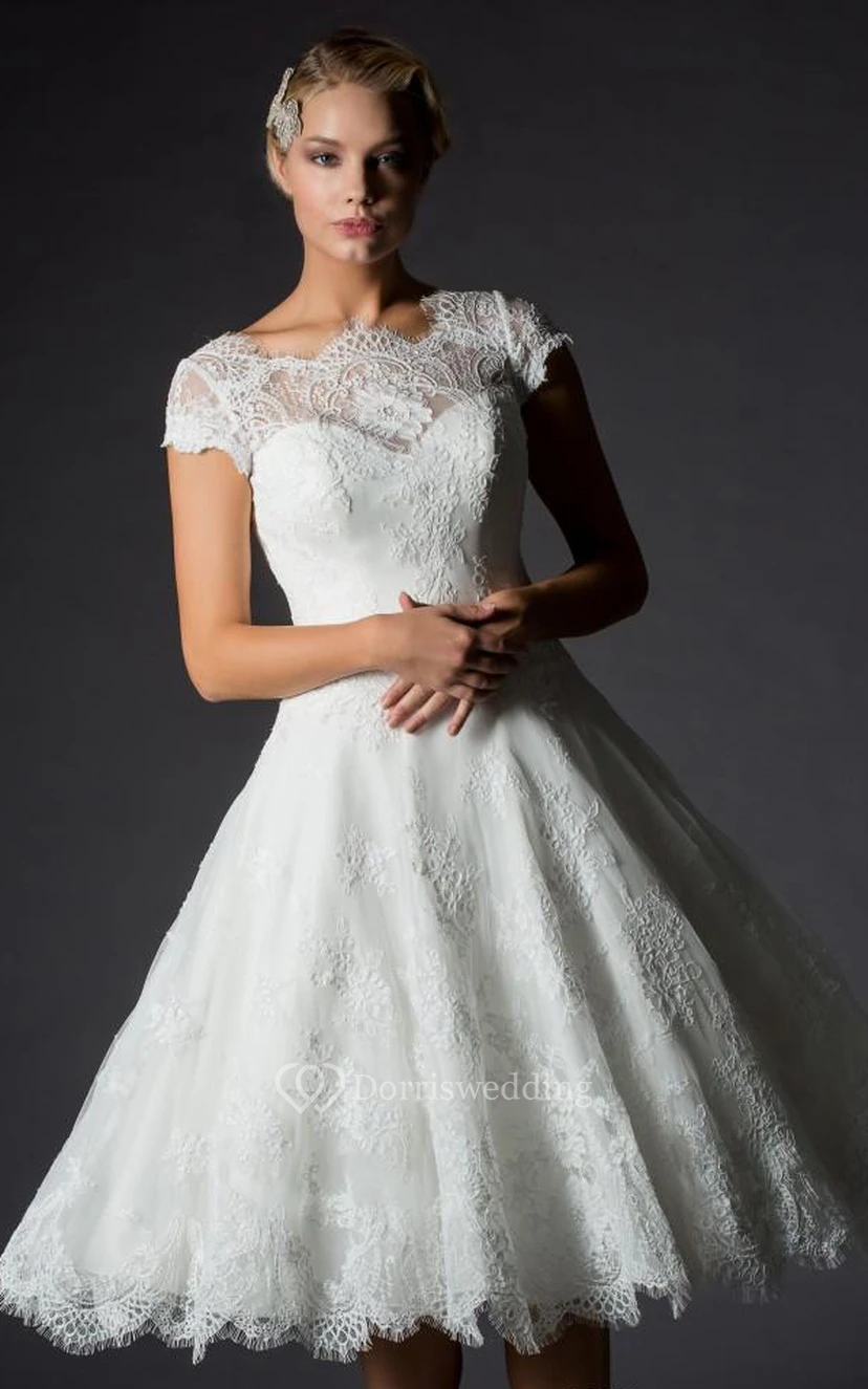 A-Line Mini Jewel V-Neck Bell Cap Appliques Zipper Lace-Up Back Lace Dress view 5