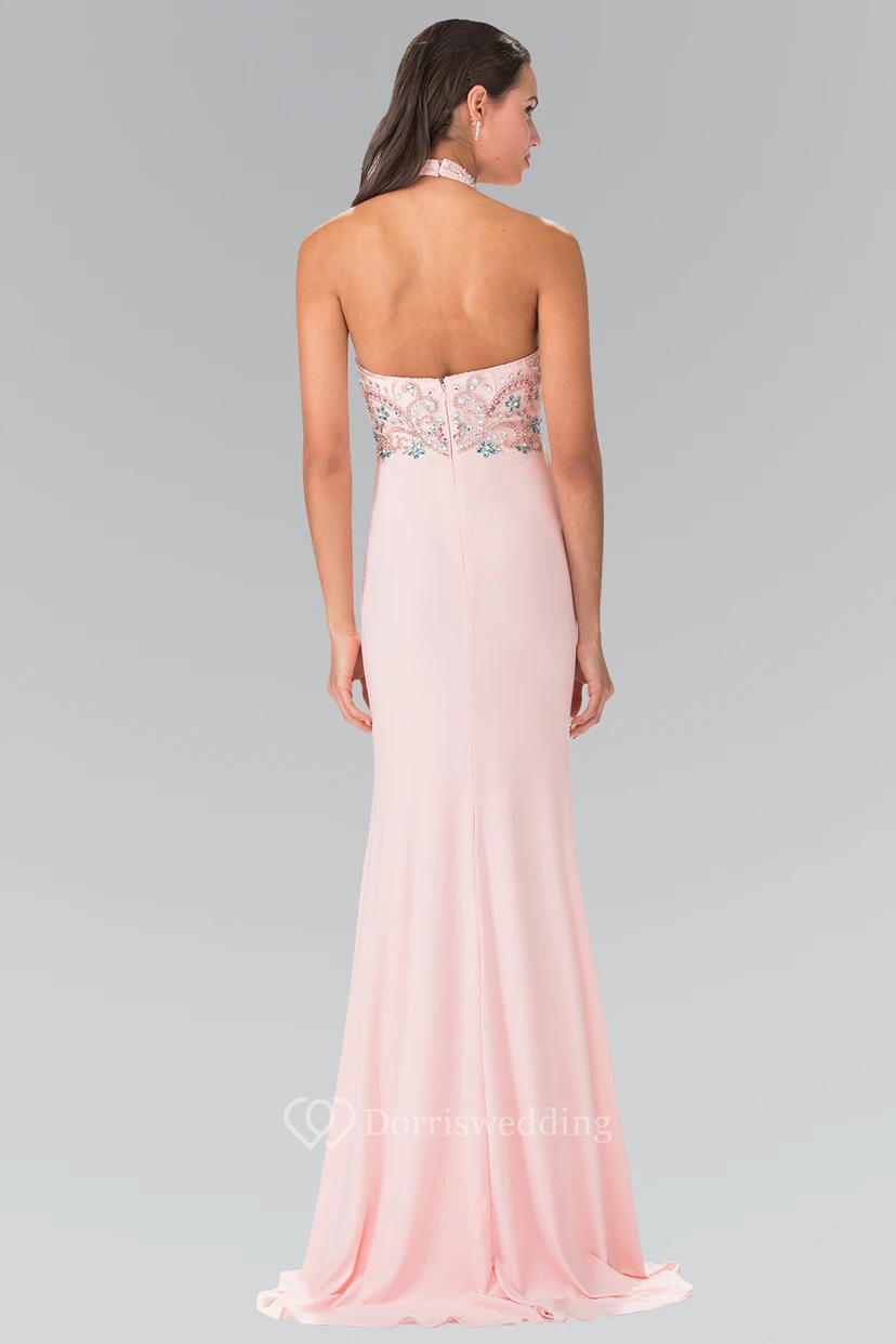 Sheath High Neck Sleeveless Jersey Backless Dress With Beading view 2