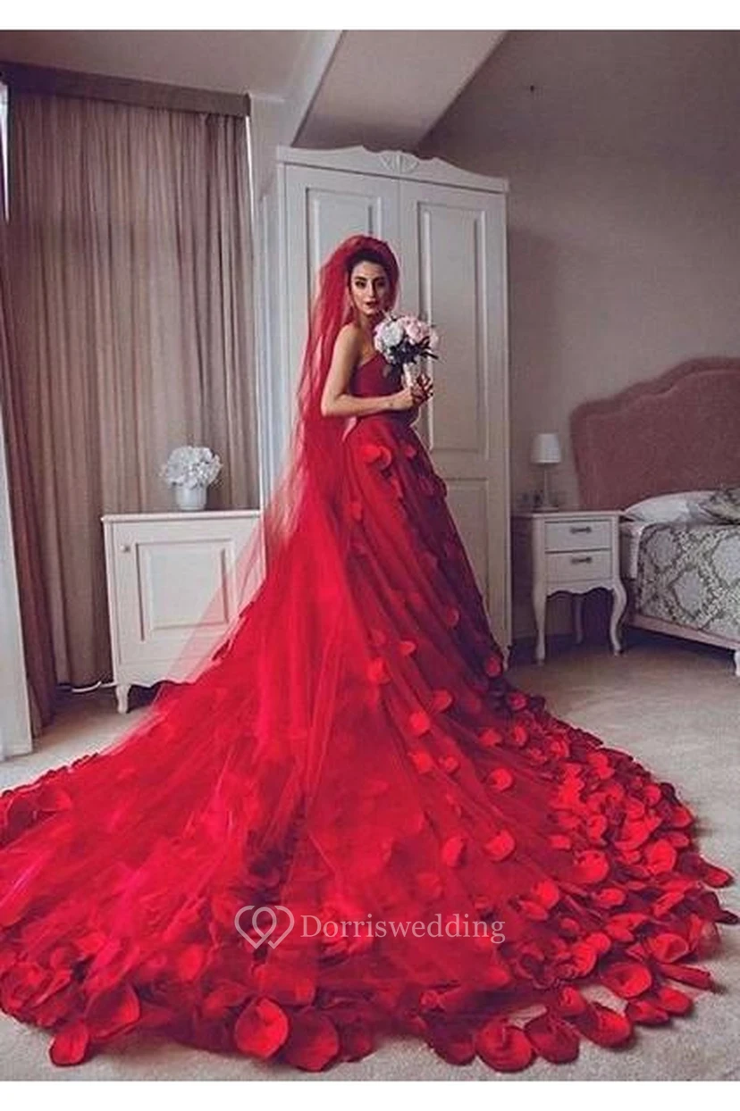 Newest Red Tulle Princess Wedding Dress Flowers Court Train