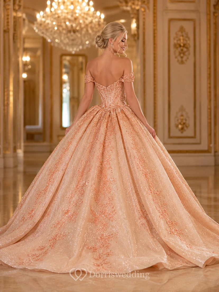 Robe de bal de princesse pêche champagne luxueuse à épaules dénudées, asymétrique et pailletée, idéale pour les 16 ans. view 2