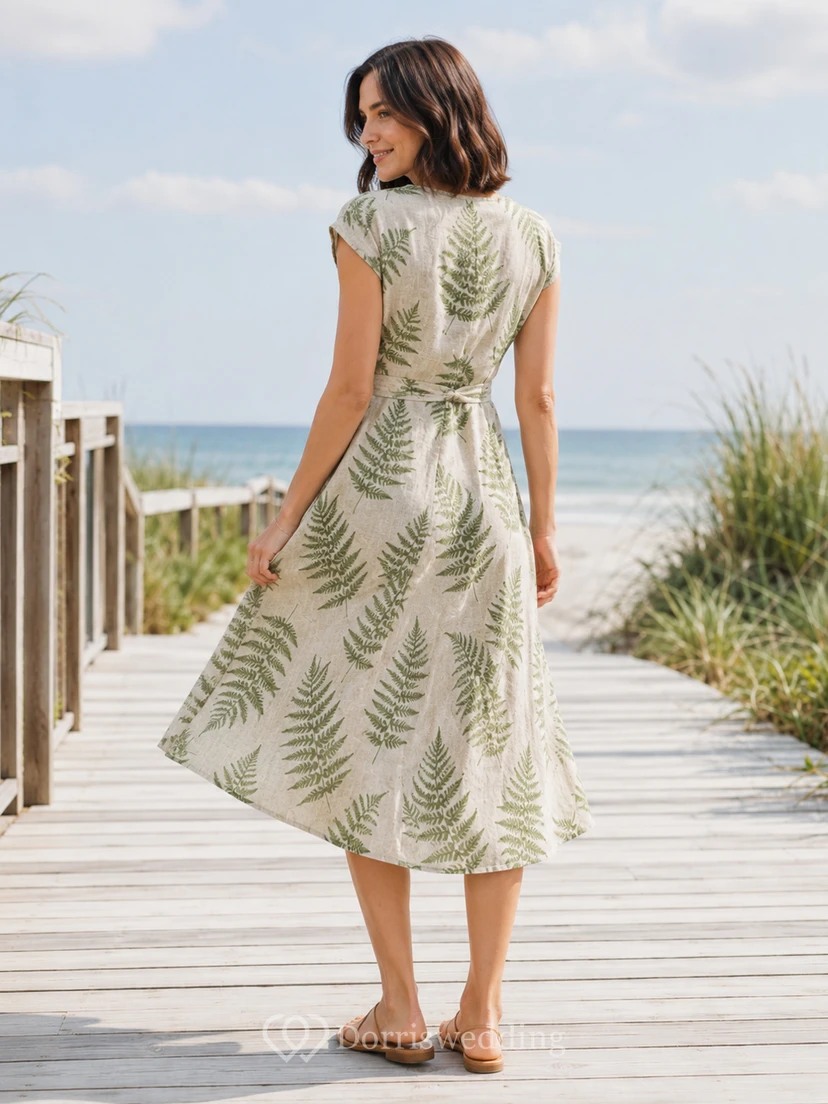 Fern Print V-Neck Cap Sleeve Beach Midi Dress view 2
