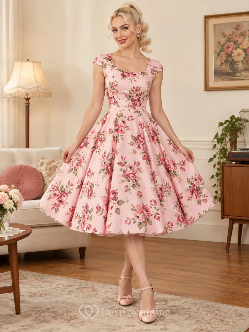 Vestido de corte evasé de los años 50, color rosa empolvado, cuello redondo, mangas cortas y estampado floral.