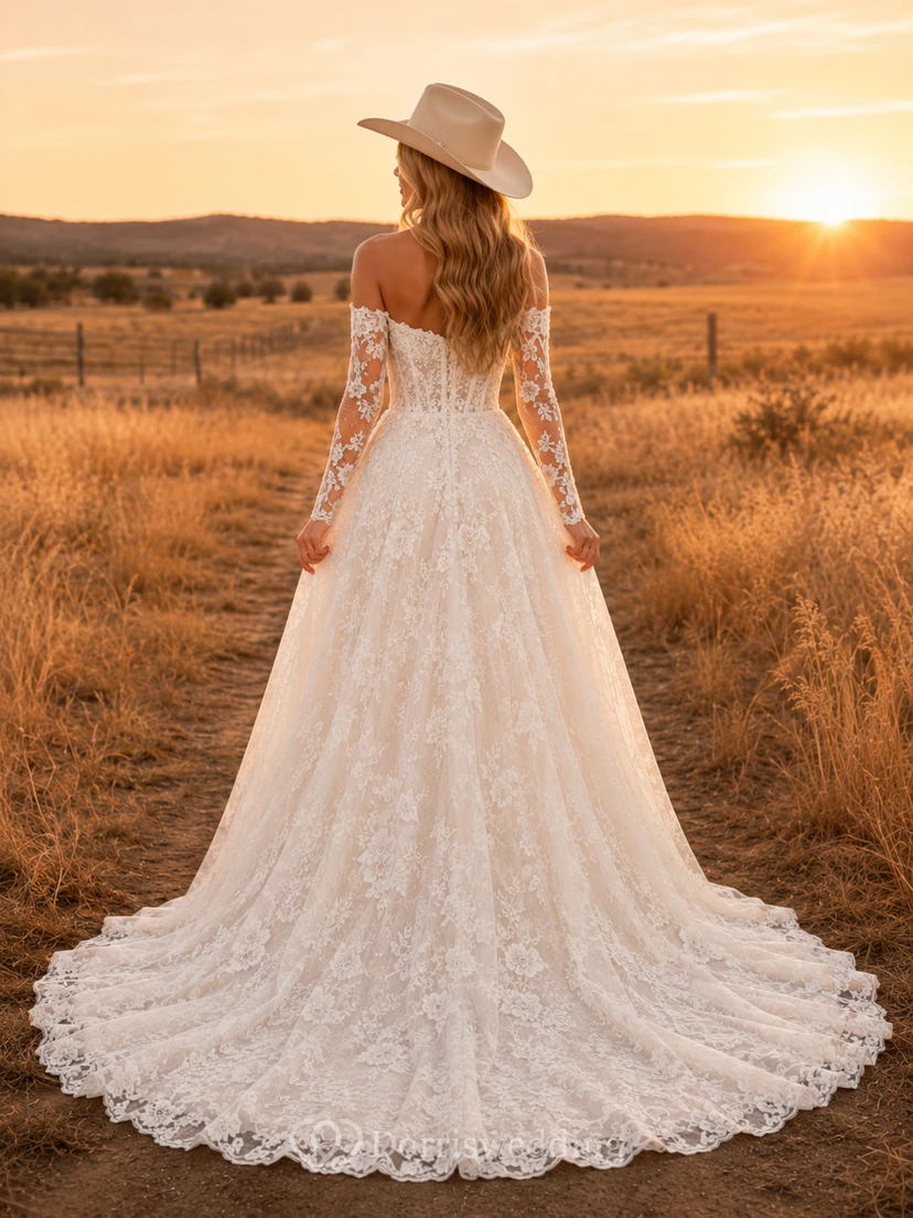 Robe de mariée rustique western en dentelle à épaules dénudées et manches longues view 2