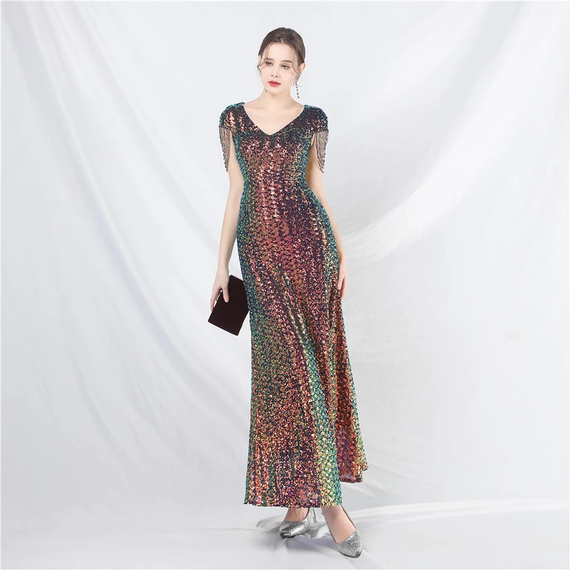 A-Line Big Swing Dress Craft Sequined Long A-Line Evening Dress view 19