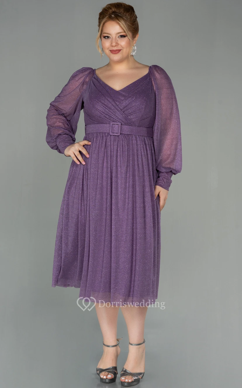 Vestido casual de manga larga, escote en V, corte imperio cruzado, largo hasta la rodilla, talla grande, para la madre de la novia view 7