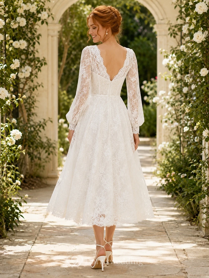 Weißes, langärmeliges A-Linien-Kleid mit V-Ausschnitt und Spitze in Teelänge – perfekt für Verlobungsgäste view 2