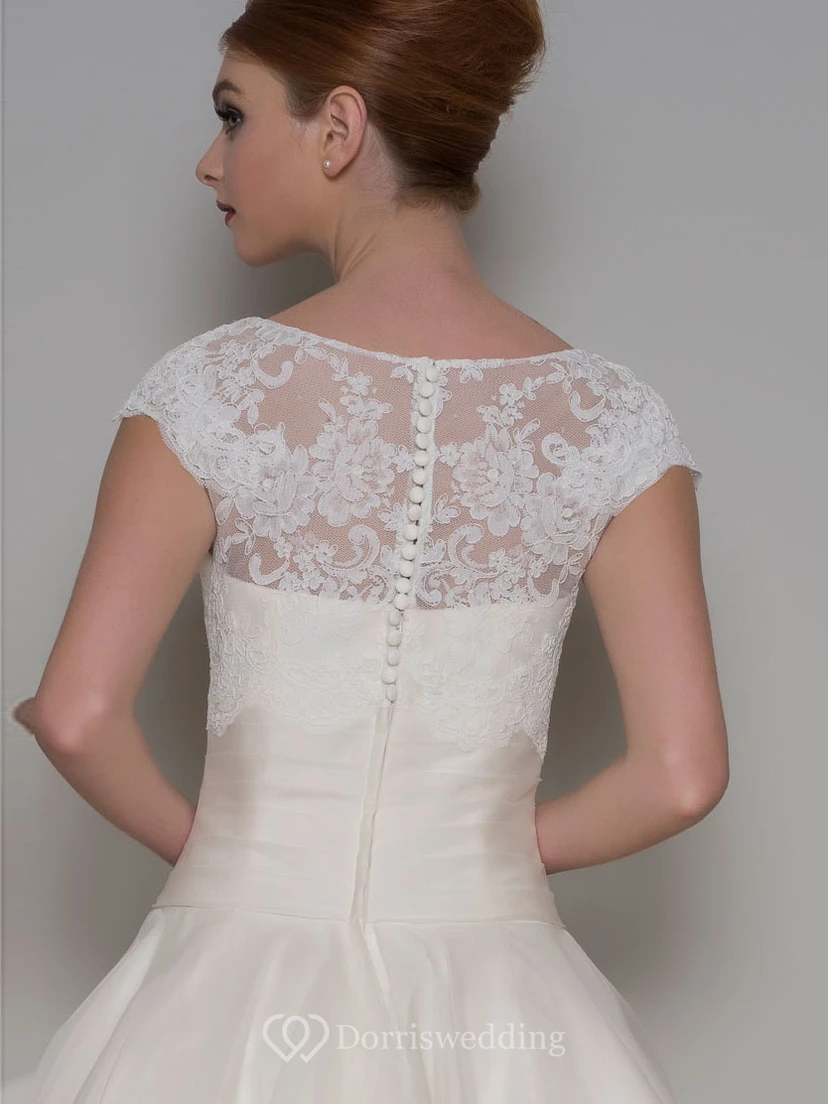 Tea-Length A-Line Scoop Neck Appliqued Cap Sleeve Tulle Wedding Dress view 2