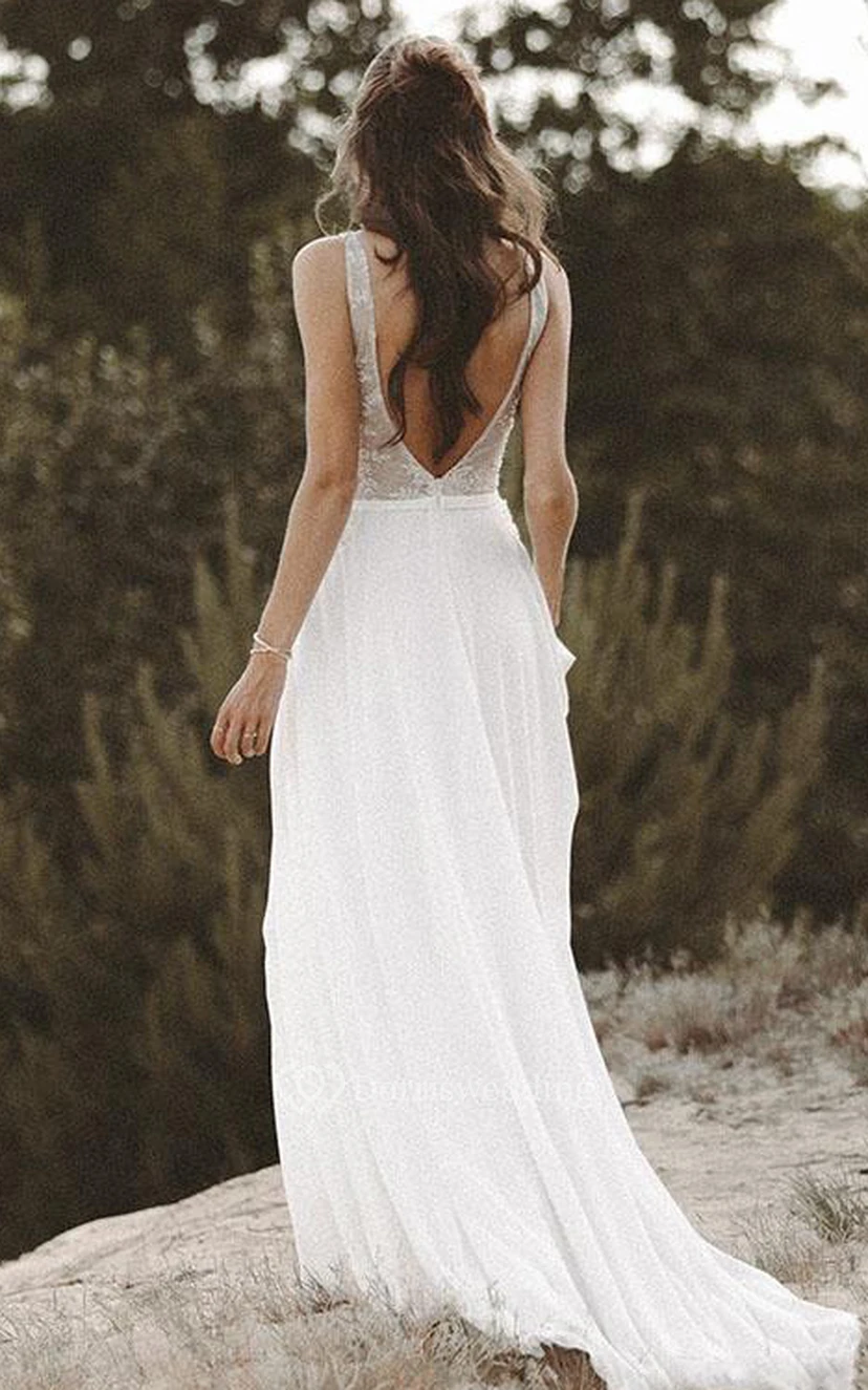 Chiffon-Spitzen-Brautkleid mit Schleppe, ärmellos, A-Linie, im Boho-Stil mit Perlenstickerei view 2