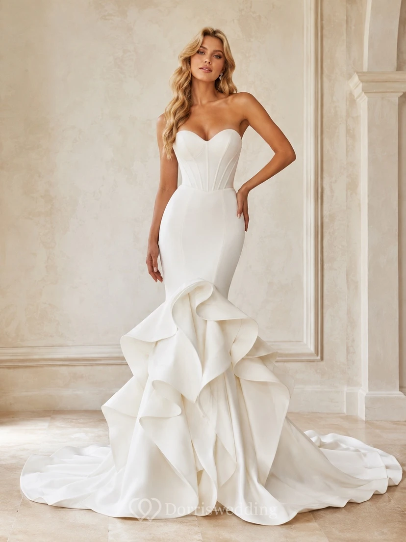 Schlichtes, bodenlanges, ärmelloses Brautkleid mit Herzausschnitt im Meerjungfrauen-/Trompetenstil für formelle Anlässe