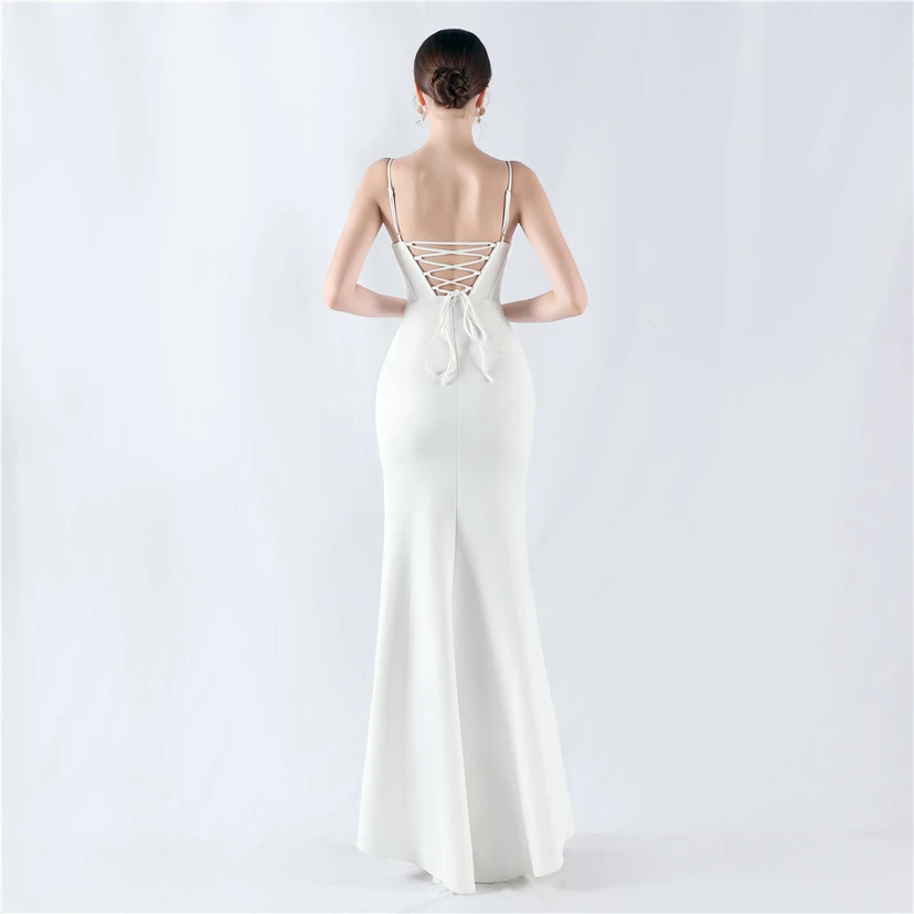 Fishbone Waist Set Crystal Diamond Satin Host Evening Dress view 24