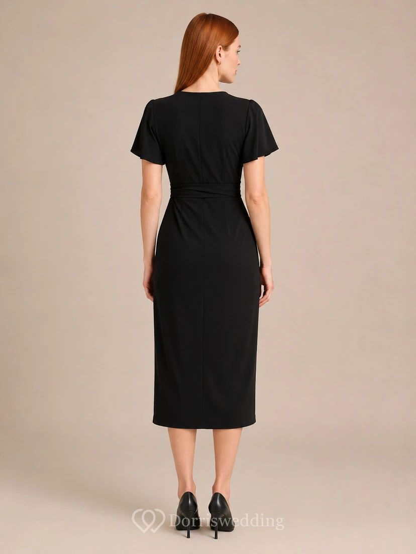 Black Short Sleeve Wrap Pencil Minimal Studio Midi Dress view 2