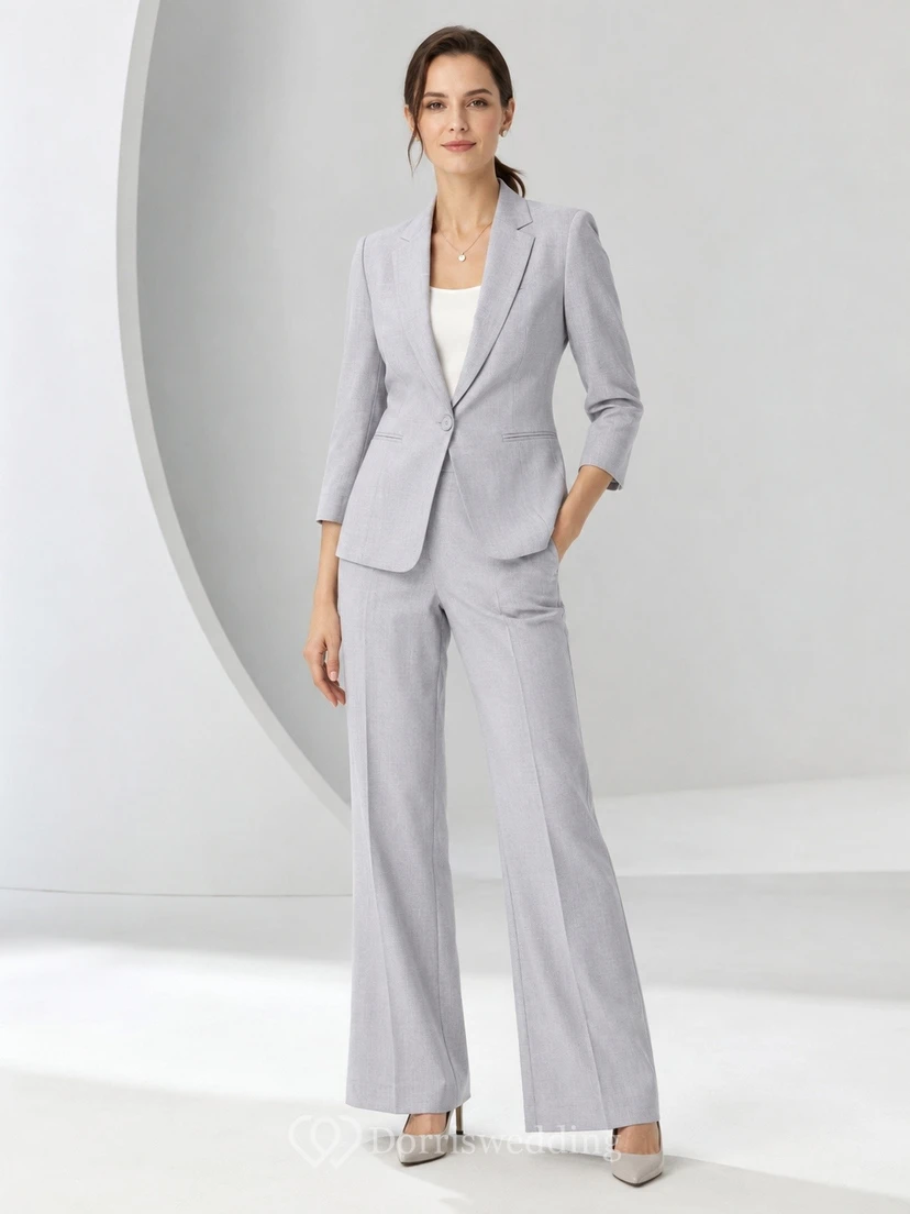 Steel Grey Notched Long Sleeve Two Piece Formal Pant Suit